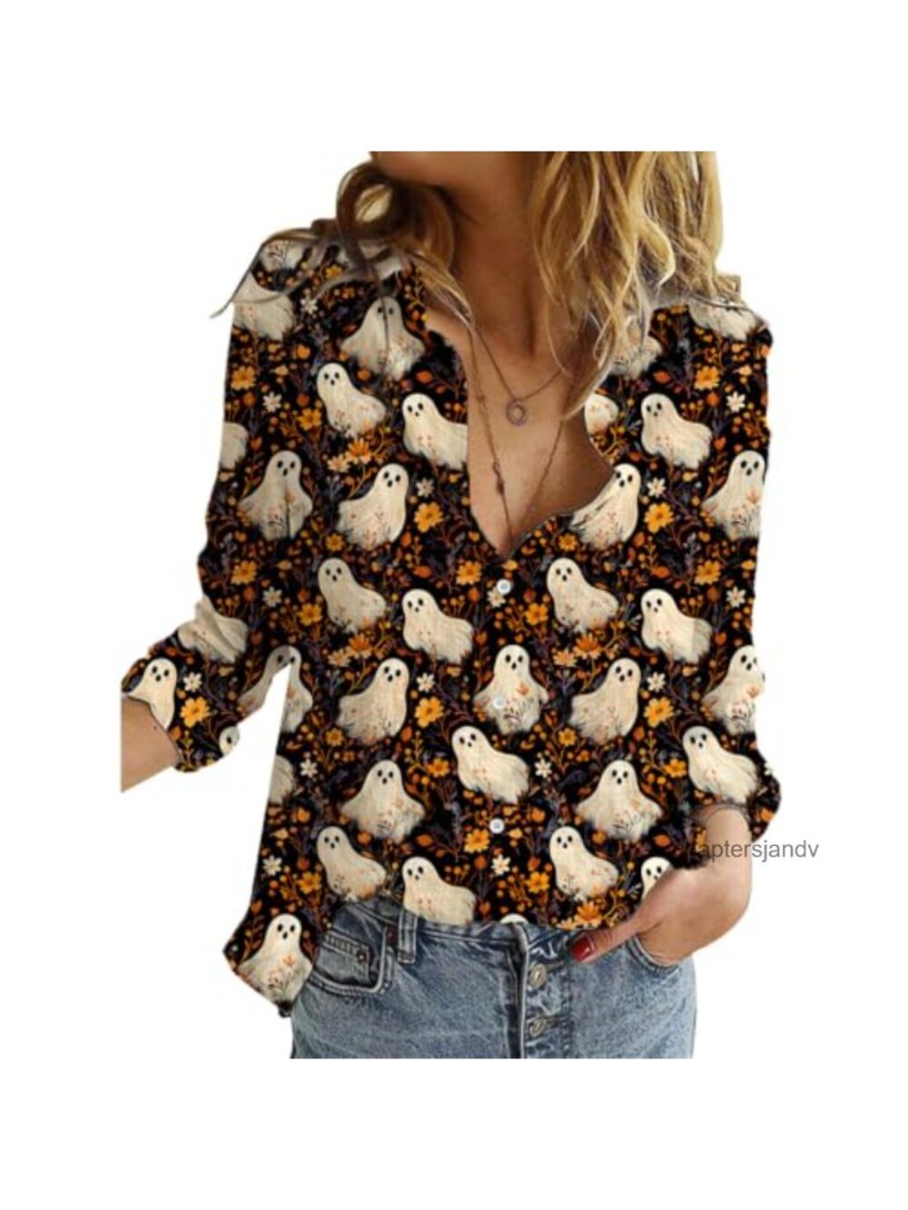 Women's V-Neck Button Down Long Sleeve Blouse Halloween Ghost Print Fall Top